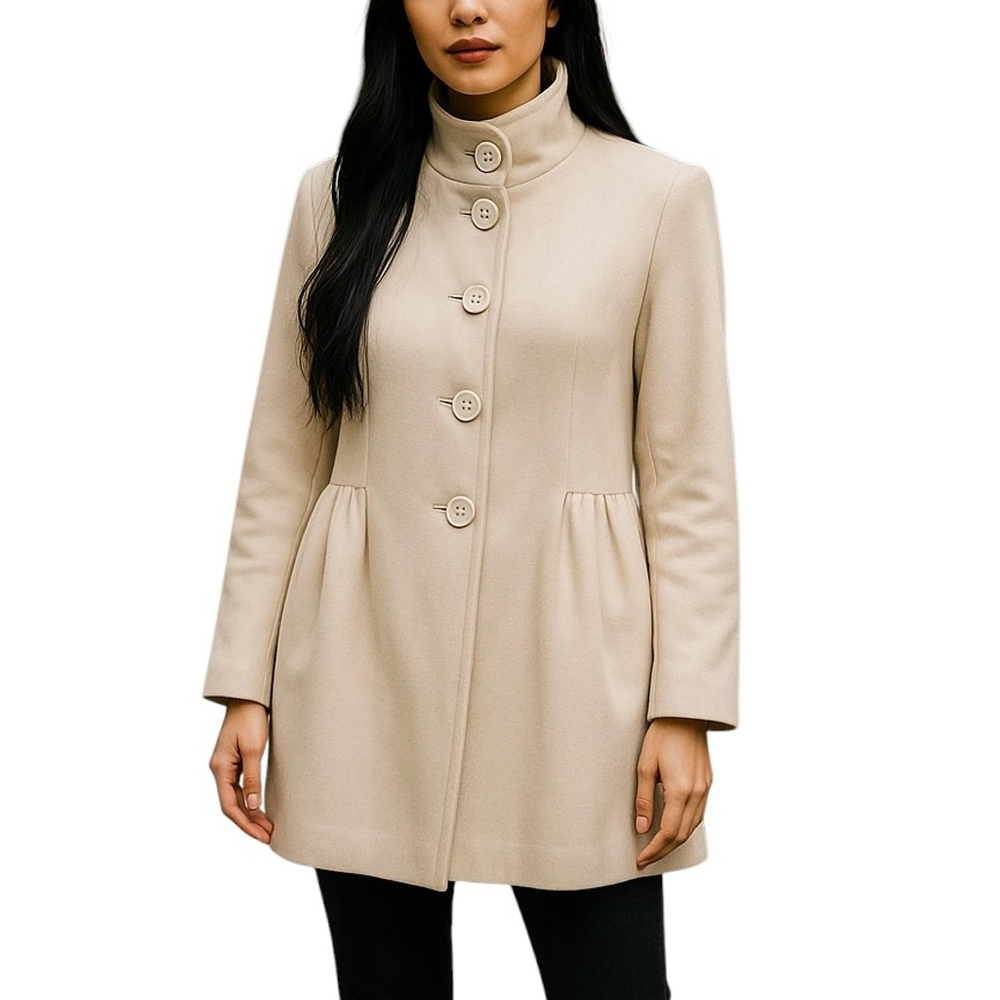 Katherine Barclay Ivory Wool Blend Baby Doll Dress Coat Pleated Size LARGE